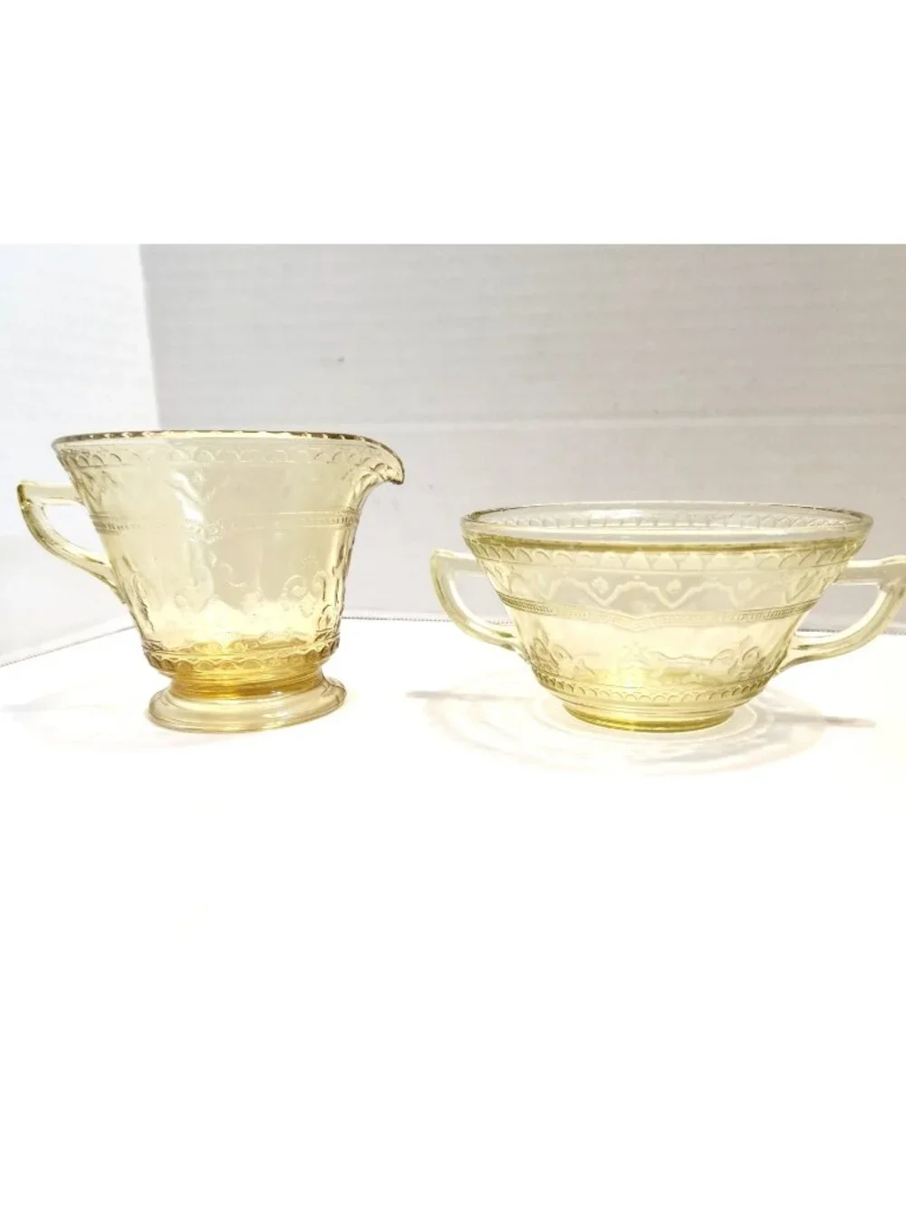 Federal Yellow/Amber Depression Glass Creamer & Open Sugar Set - Patrician  READ